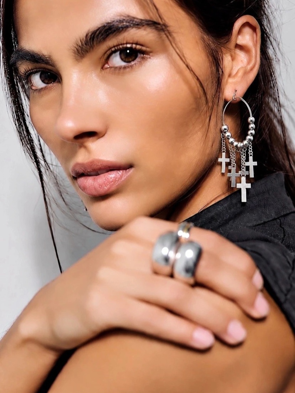 West Coast Stainless Steel Cross Charm Hoop Earrings